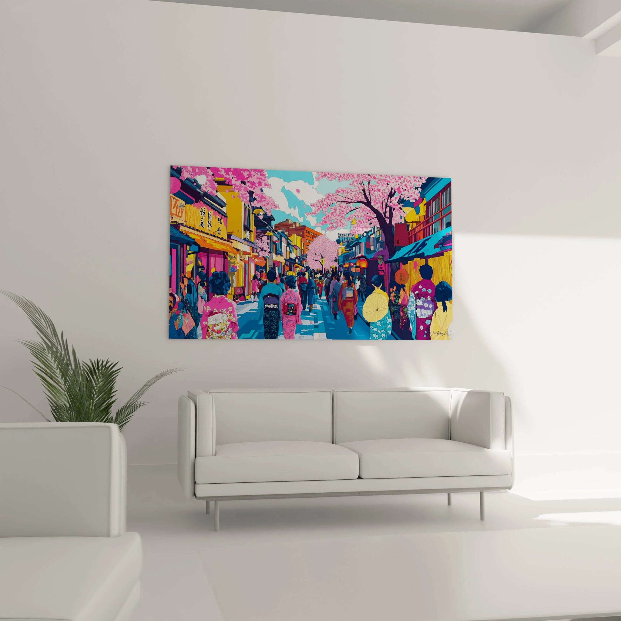 Tableau Japon coloré représentant une rue animée avec cerisiers en fleurs accroché dans un salon moderne