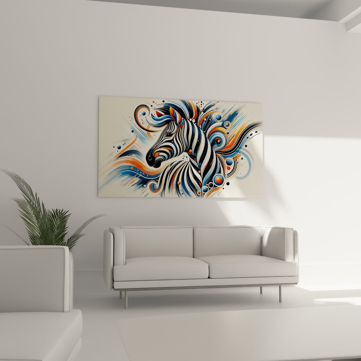Zèbre graphique noir et blanc traversé de volutes bleu marine, au-dessus d'un canapé dans un salon lumineux