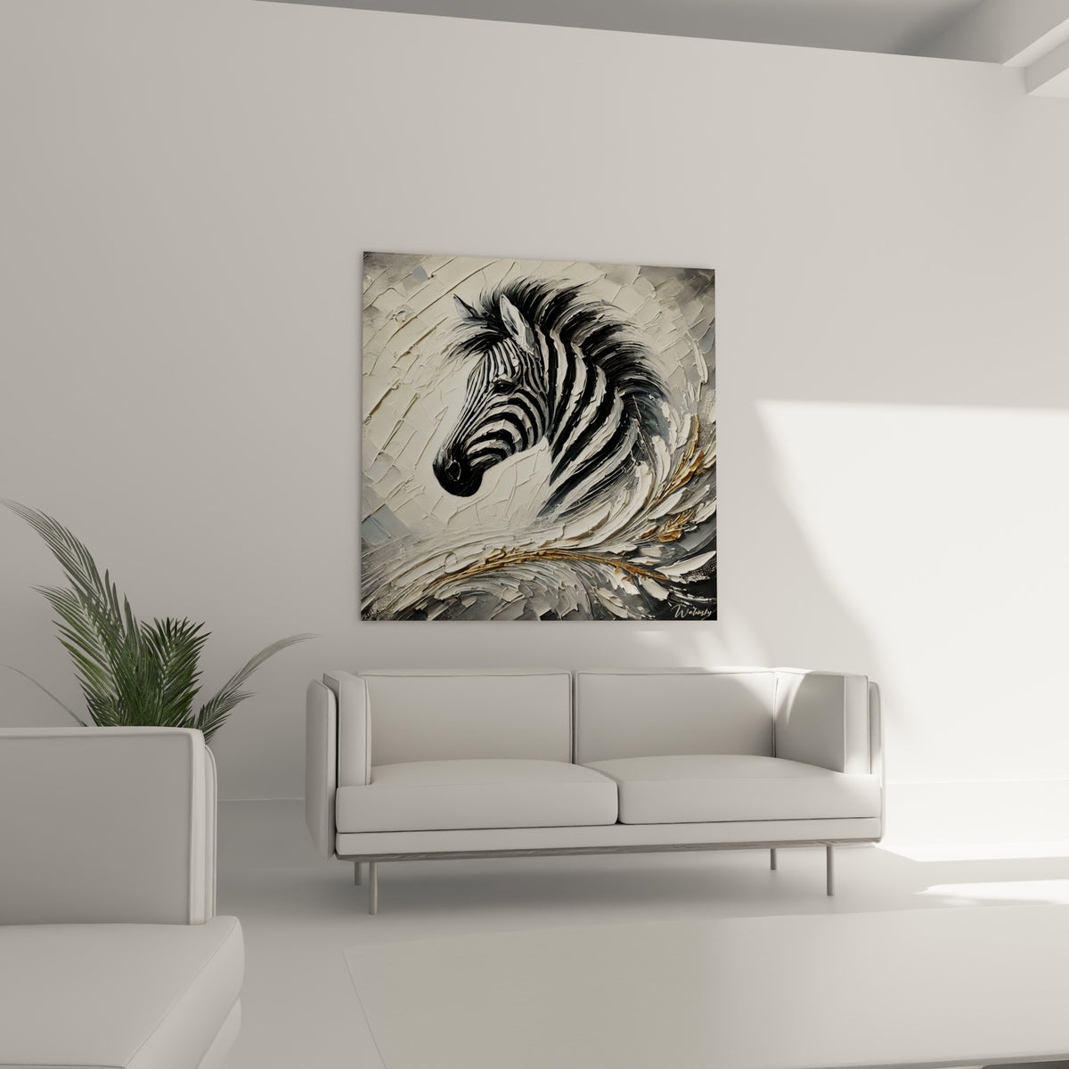 Regard profond du zèbre entre rayures anthracite et blanc, au-dessus d'un canapé dans un salon lumineux