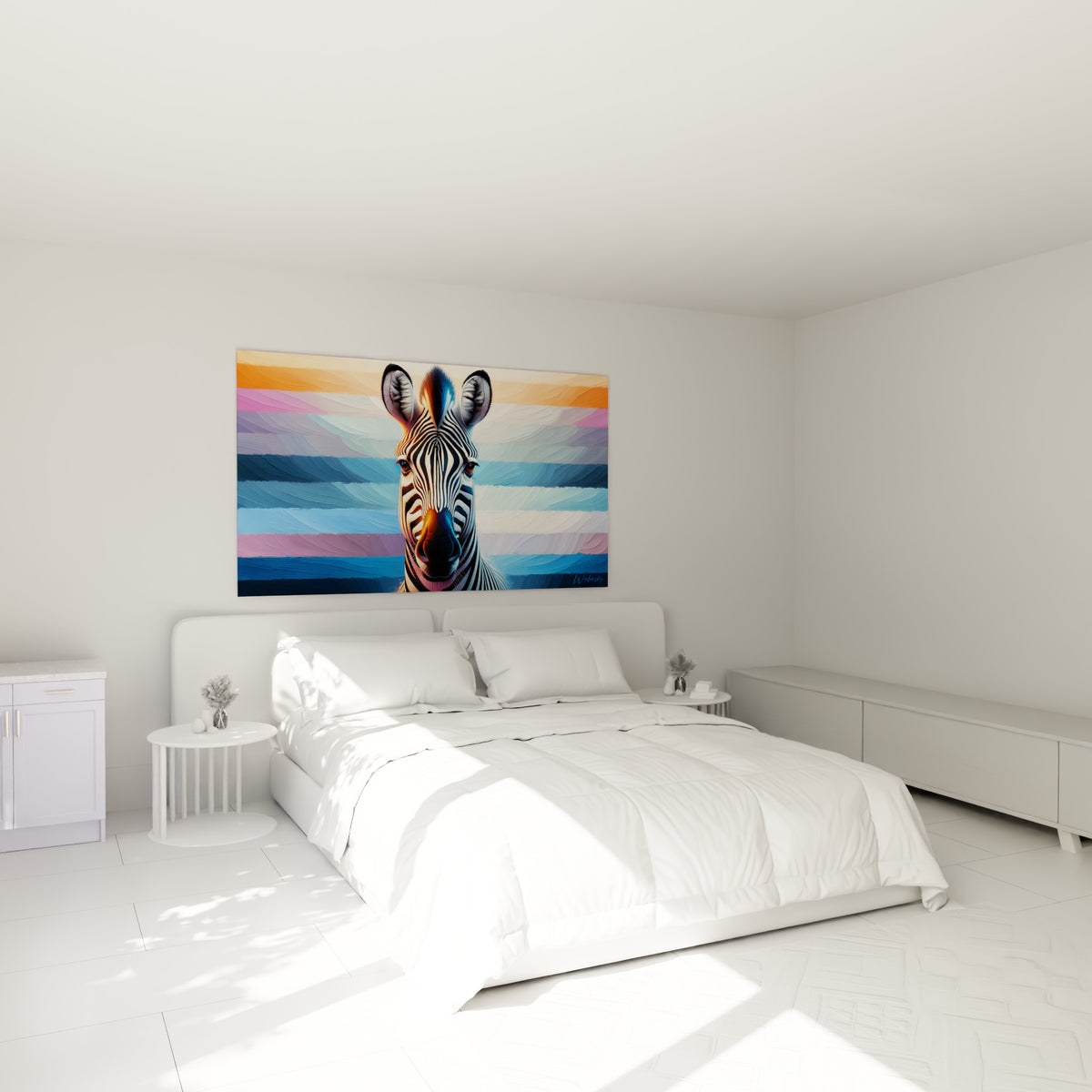 Portrait de zèbre noir et blanc sur bandes bleues et orangées, au-dessus d'un lit dans une chambre claire
