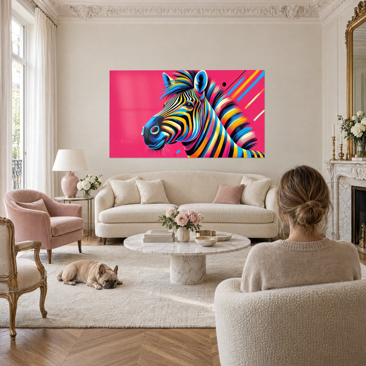 Gemälde Zebra mit sonnengelben und elektrisch blauen Streifen auf leuchtend rosa Hintergrund, über einem Sofa in einem hellen Wohnzimmer