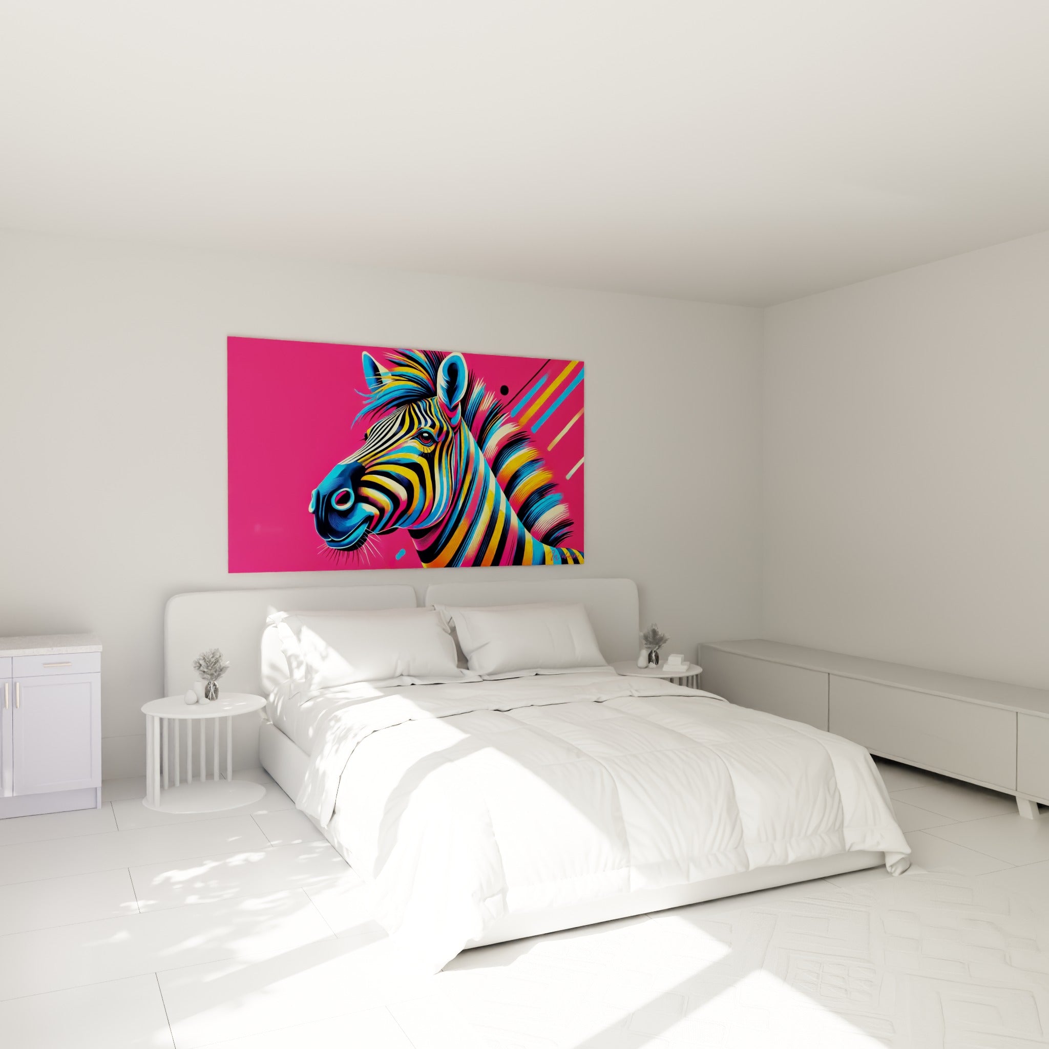 Zèbre coloré aux tons bleu et rose fuchsia accroché au-dessus d'un lit dans une chambre claire