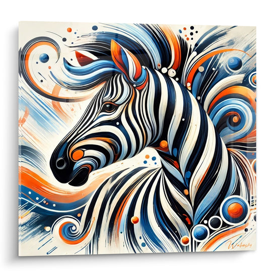 Zèbre stylisé aux rayures bleu marine et orange, crinière transformée en volutes fluides