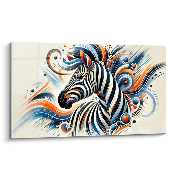 Cuadro cebra azul y naranja con volutas explosivas - Burbujas concéntricas coloridas - Edición cebra