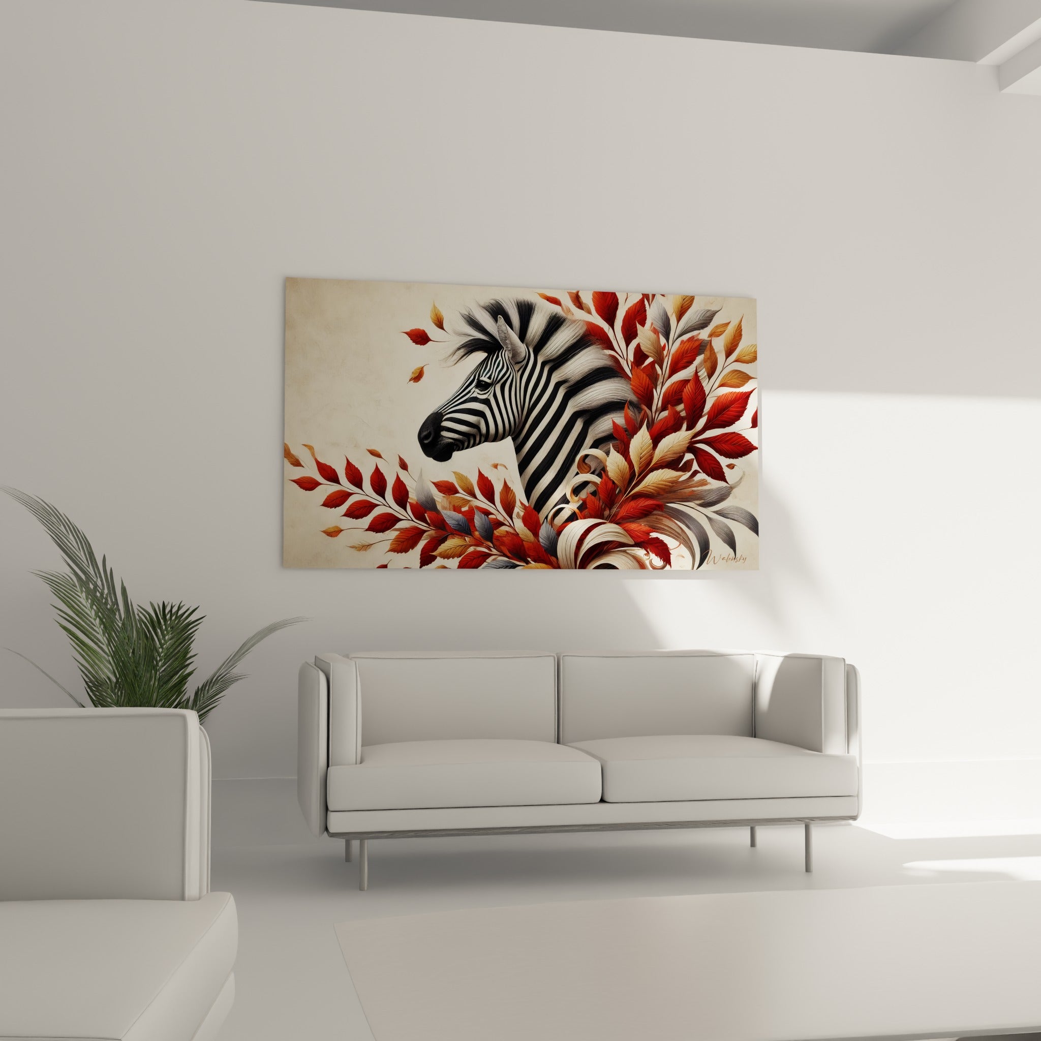 Tête de zèbre nichée dans un bouquet de feuilles ocre et anthracite, au-dessus d'un canapé dans un salon lumineux