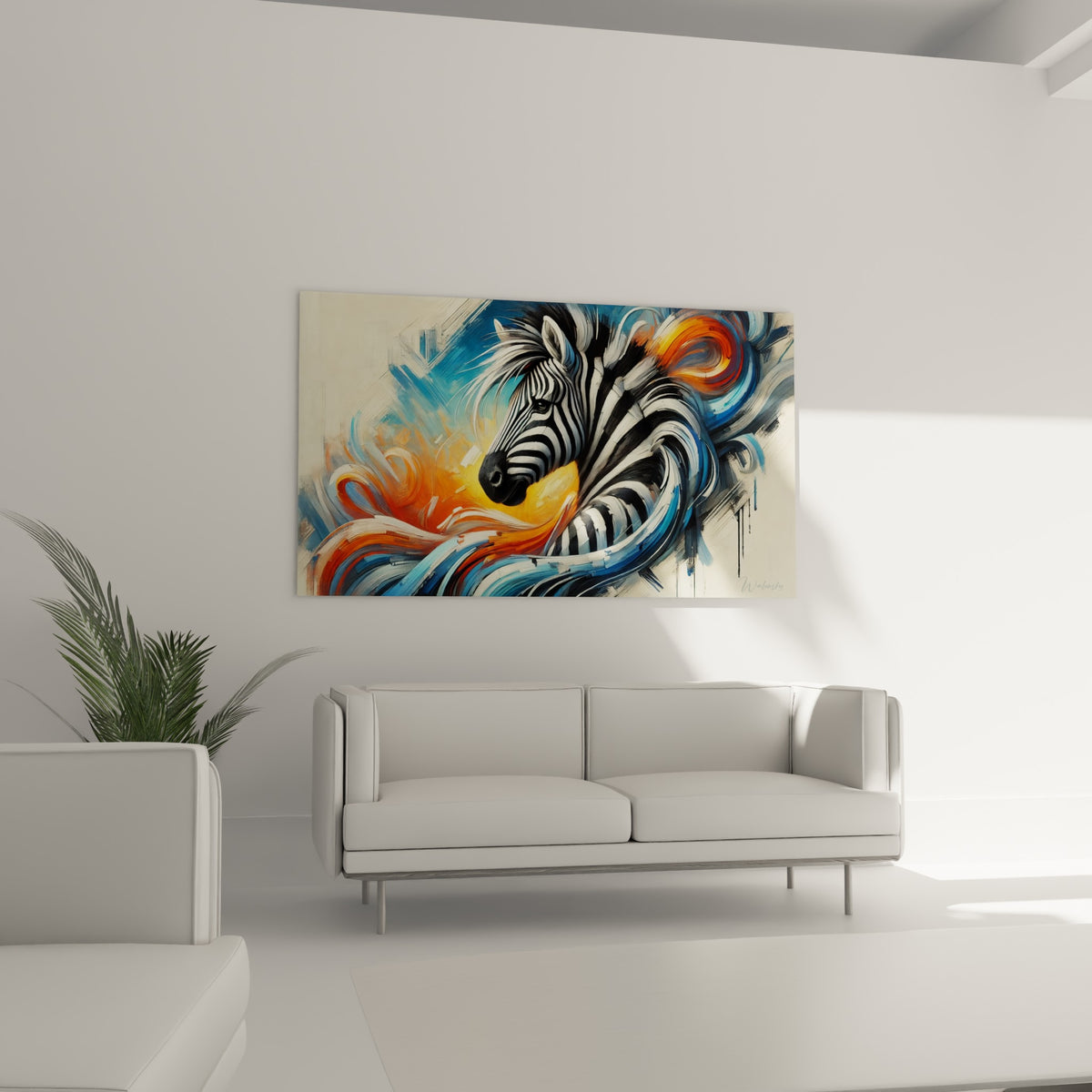 Crinière du zèbre en tourbillons bleu pastel et orange, suspendue au-dessus d'un canapé dans un salon lumineux