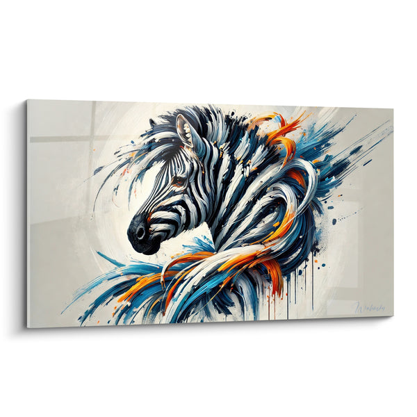 Tableau Zèbre aux mèches bleues et orange spiralées - Éclaboussures en volutes - Edition Zèbre