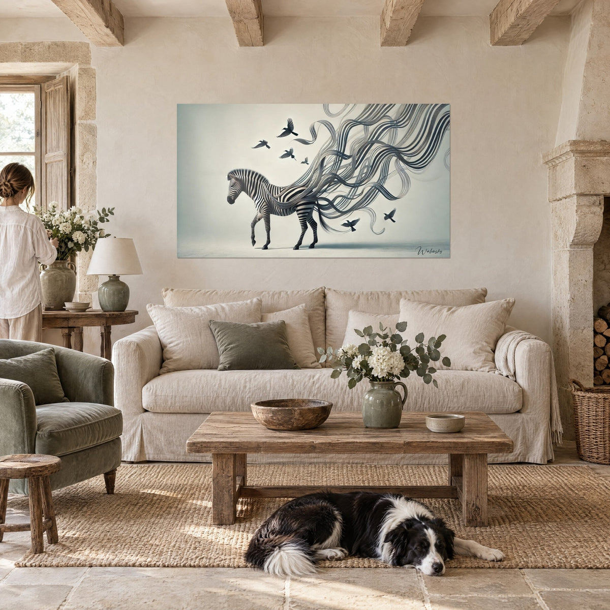 Gemälde Zebra schwarz-weiß gestreift mit wogenden Bändern auf cremefarbenem Grund, eine Frau und ein Collie über einem Sofa in einem hellen Wohnzimmer
