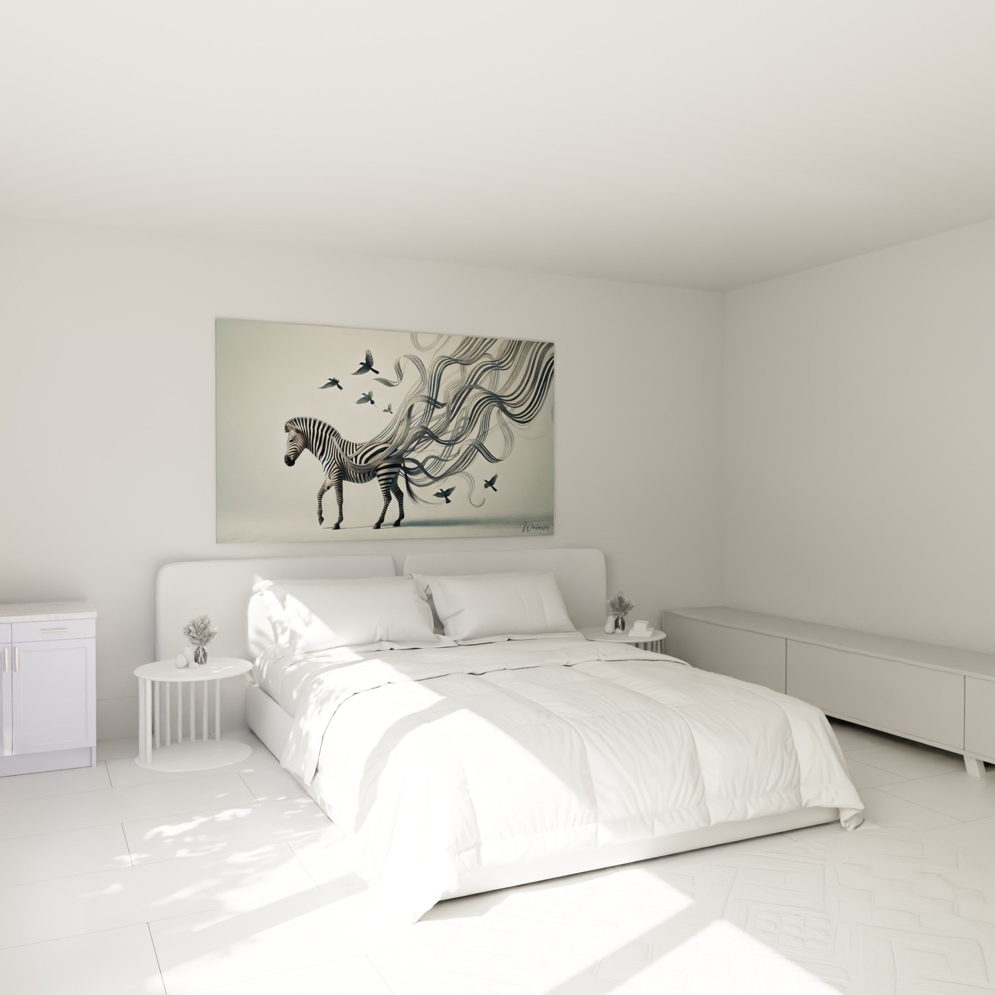 Silhouette de zèbre aux rubans anthracite accrochée au-dessus d'un lit dans une chambre claire