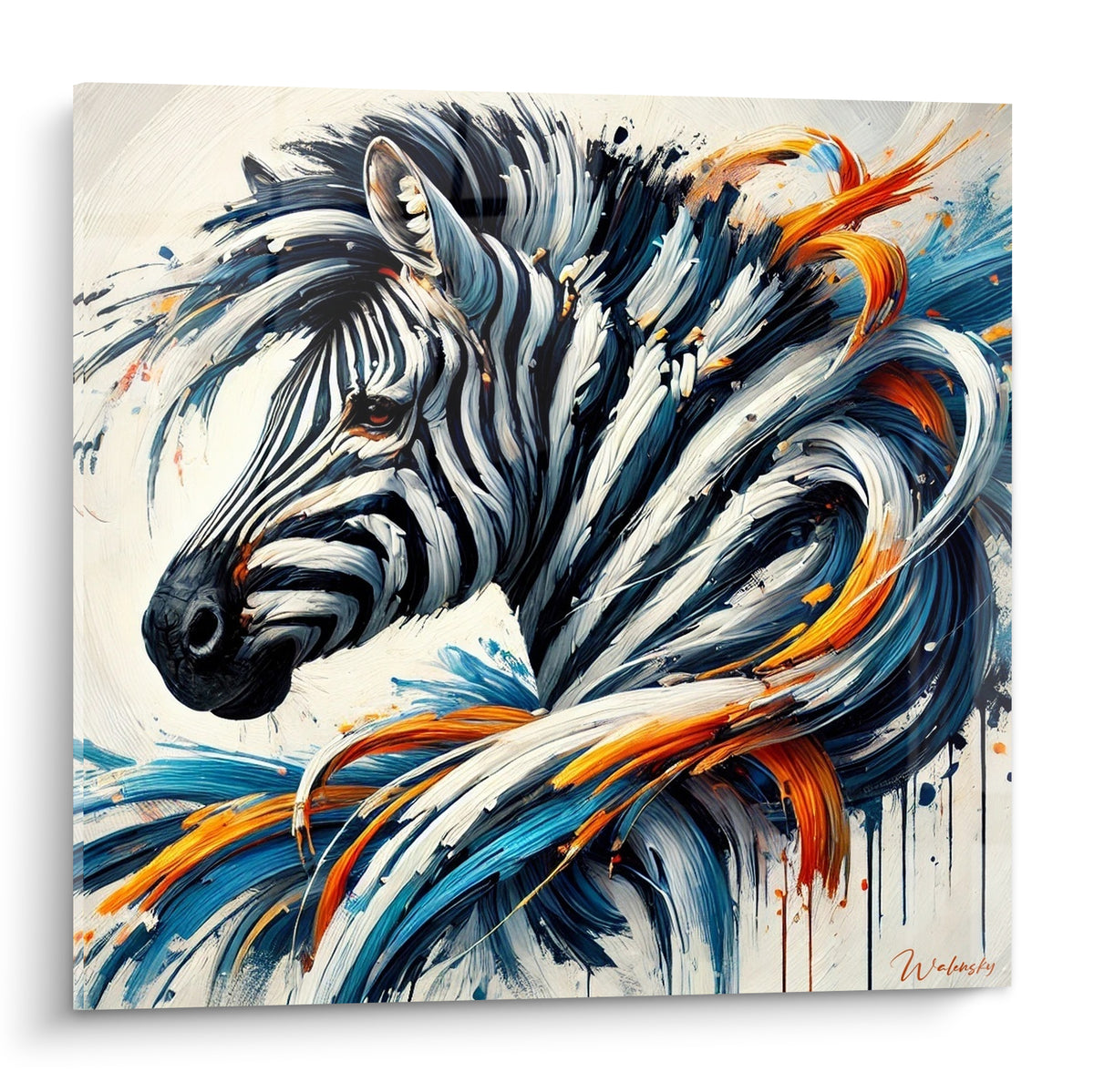 Zèbre en gros plan, museau noir et crinière bleu marine mêlée d'orange fauve tourbillonnant