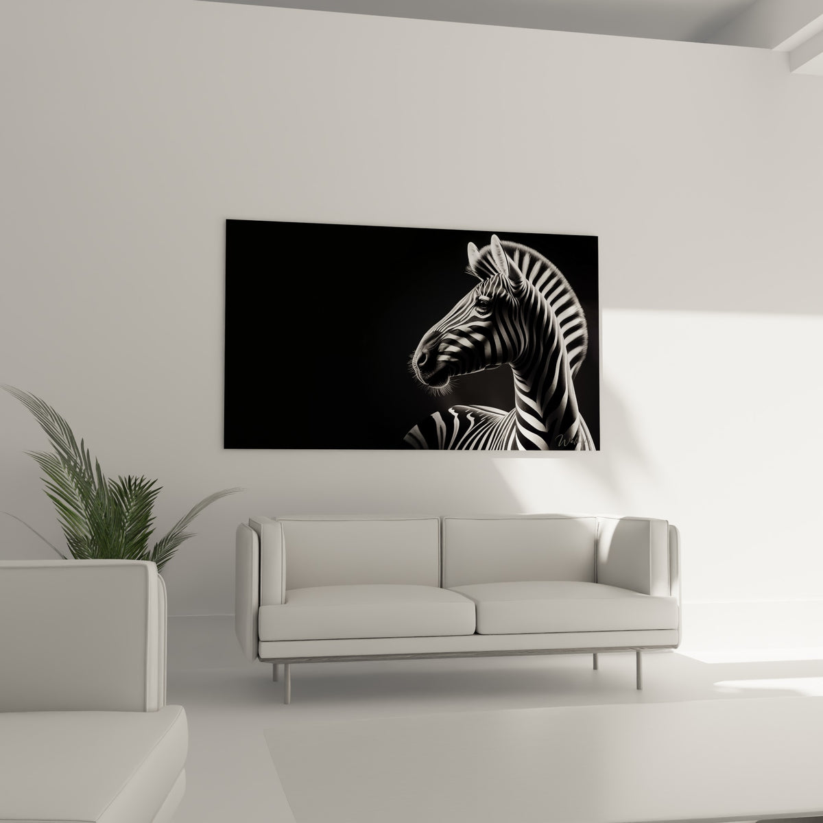 Crinière rayée du zèbre en mouvement, blanc éclatant sur noir dense, au-dessus d'un canapé dans un salon lumineux