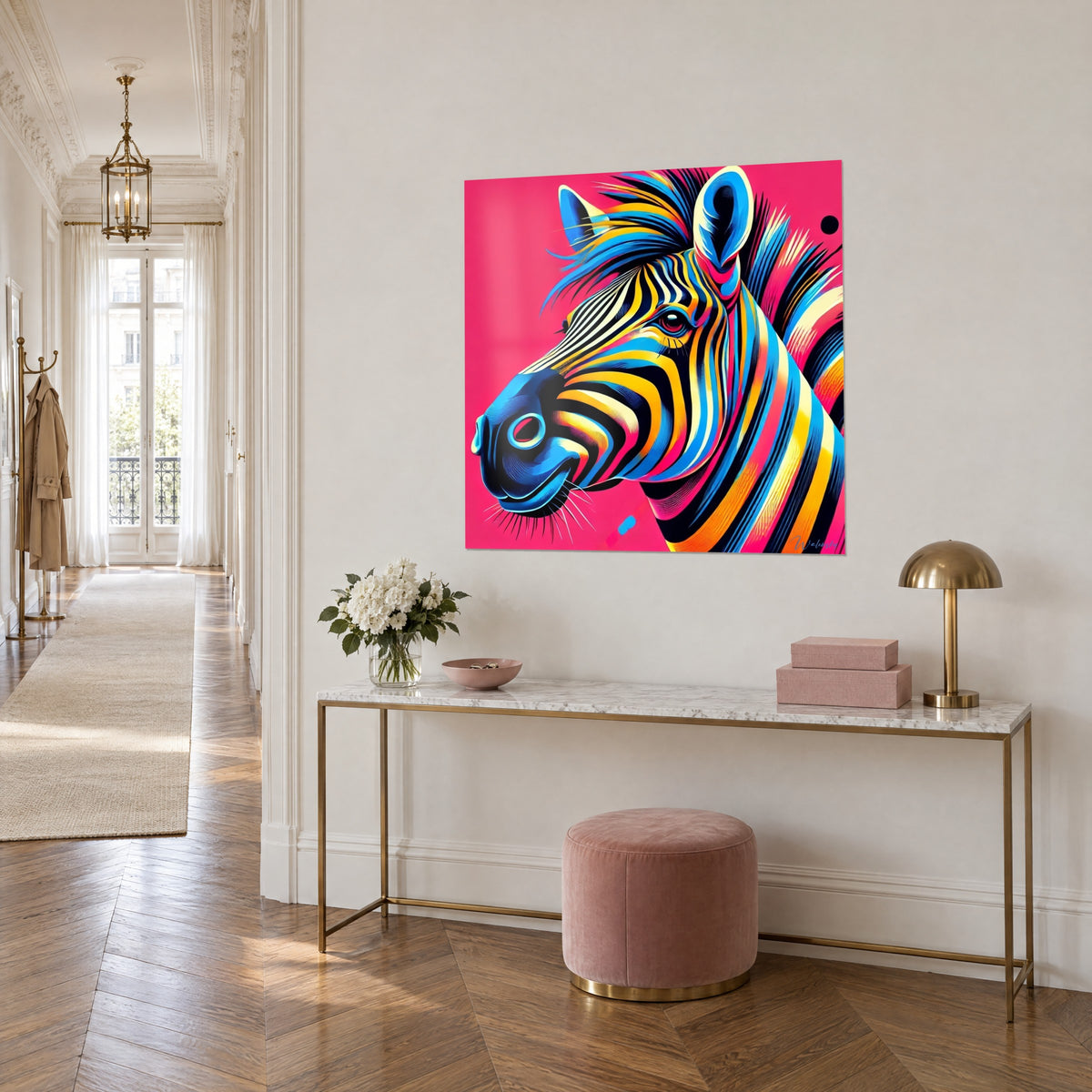 Tableau équidé rayé noir et bleu électrique, crinière flamboyante sur fond rose, au bout d'un couloir haussmannien