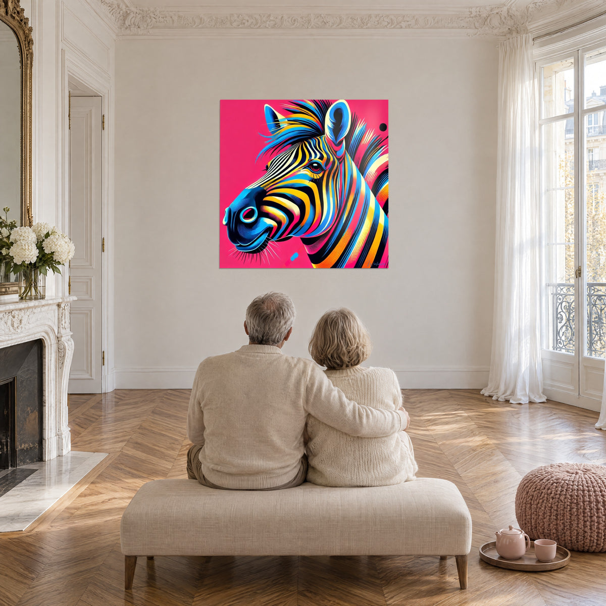 Tableau zèbre pop art rose et bleu, museau sombre et crinière ébouriffée, au-dessus d'un banc dans un grand salon
