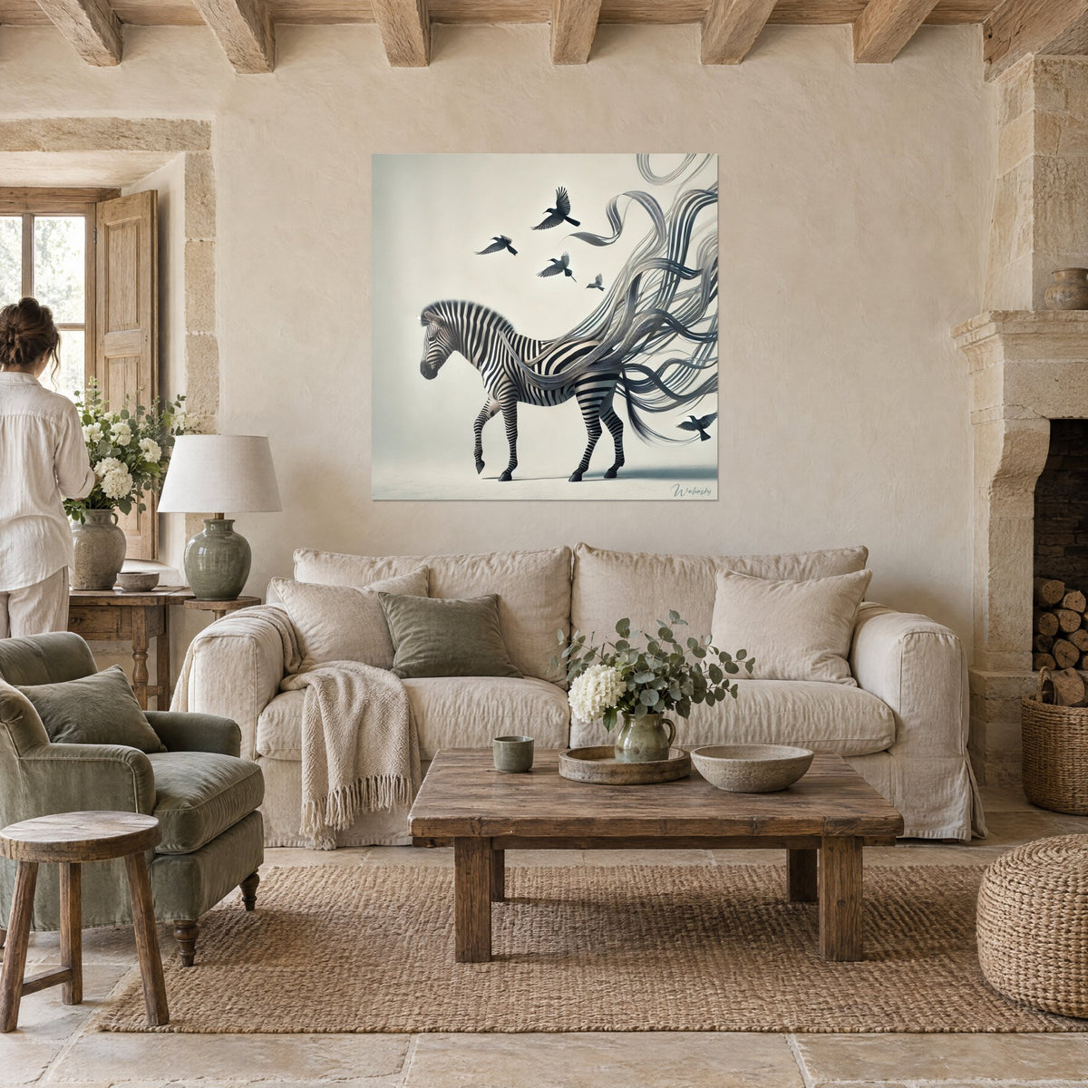 Quadro zebra a righe bianche e nere le cui strisce si sollevano in nastri grigi, pareti di pietra chiara, sopra un divano in un soggiorno luminoso