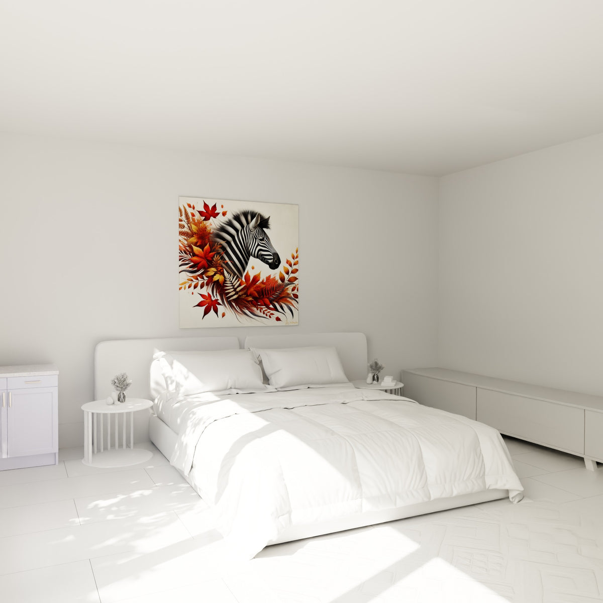 Zèbre entouré de feuillage terracotta et bronze accroché au-dessus d'un lit dans une chambre claire