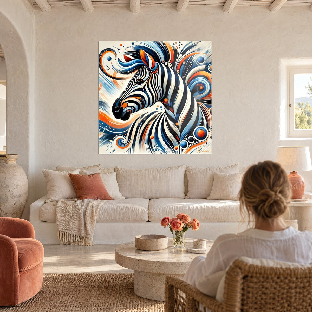 Gemälde Zebra im stilisierten Stil mit marineblauen und weißen Streifen, orangefarbene Schnörkel im Hintergrund, über einem Sofa in einem hellen Wohnzimmer