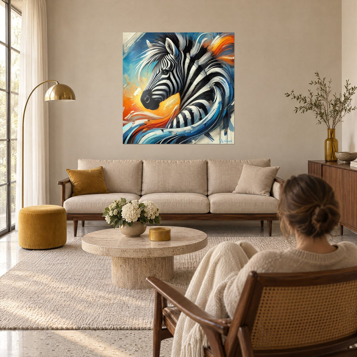 Wall art of a striped zebra in thick brushstrokes, cobalt blue and blazing orange, a woman seen from behind, above a sofa in a bright living room