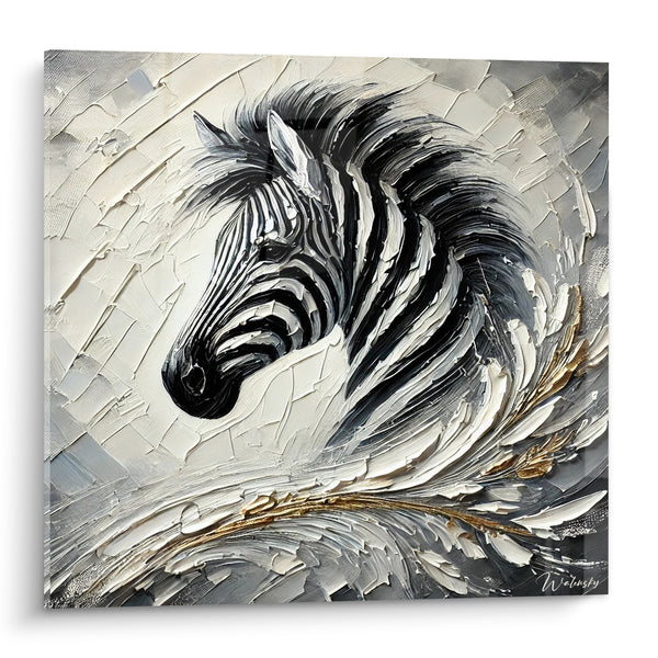 Tableau Zèbre noir et blanc à crinière ondoyante dorée - Empâtements en relief - Edition Zèbre