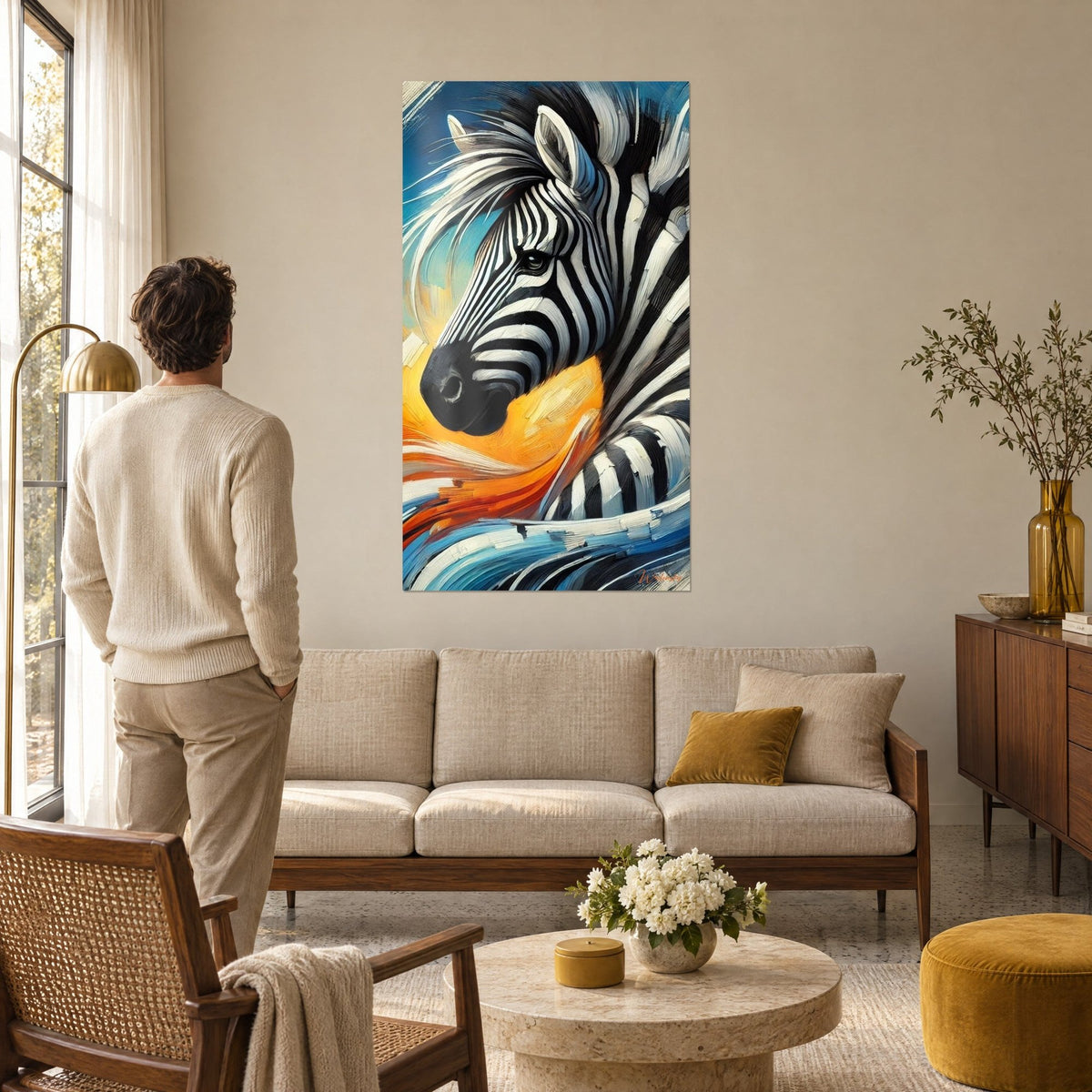 Wall art zebra in thick impasto paint, white mane and black stripes on blue and orange background, above a sofa in a bright living room