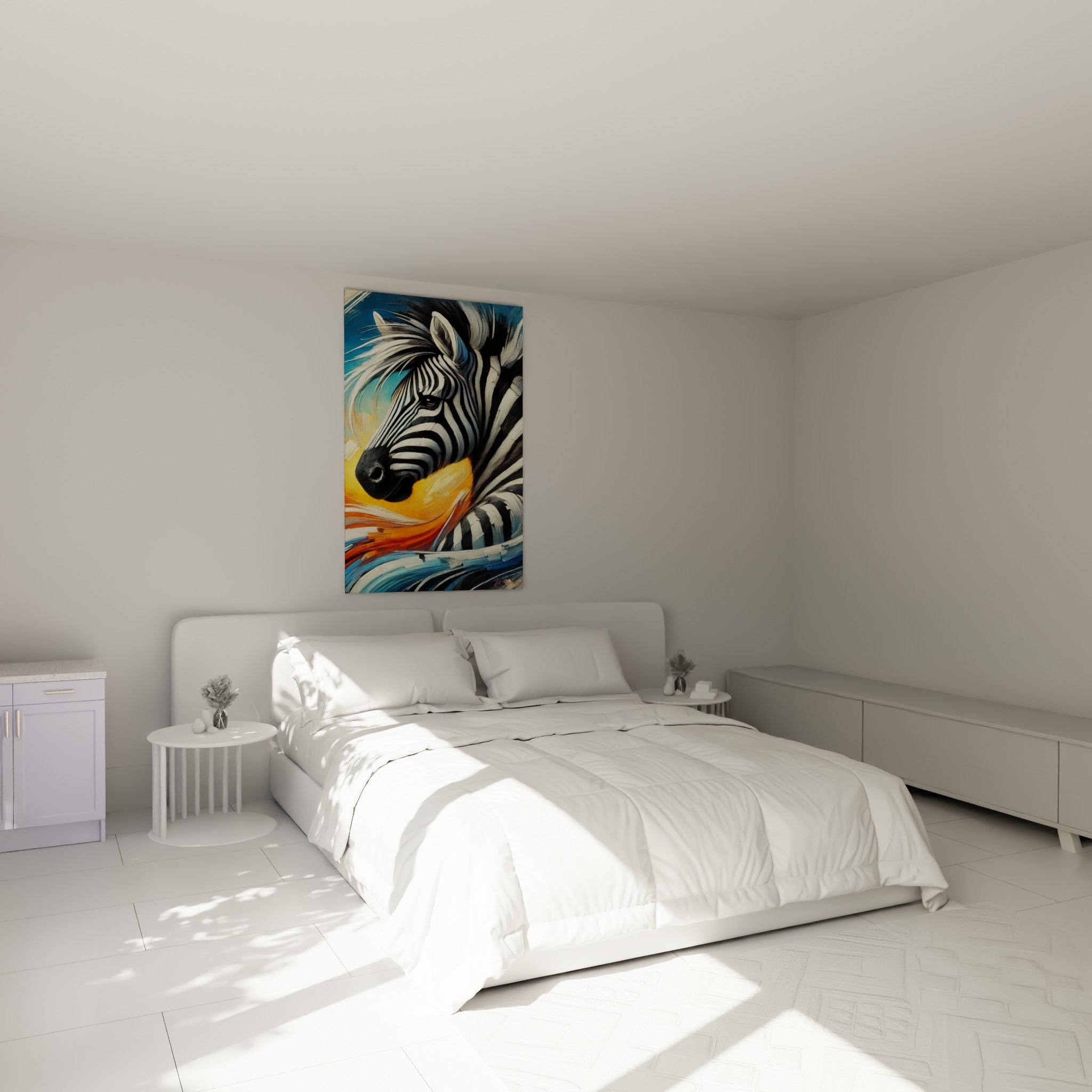 Crinière du zèbre balayée par un souffle bleu et orangé, accrochée au-dessus d'un lit dans une chambre claire