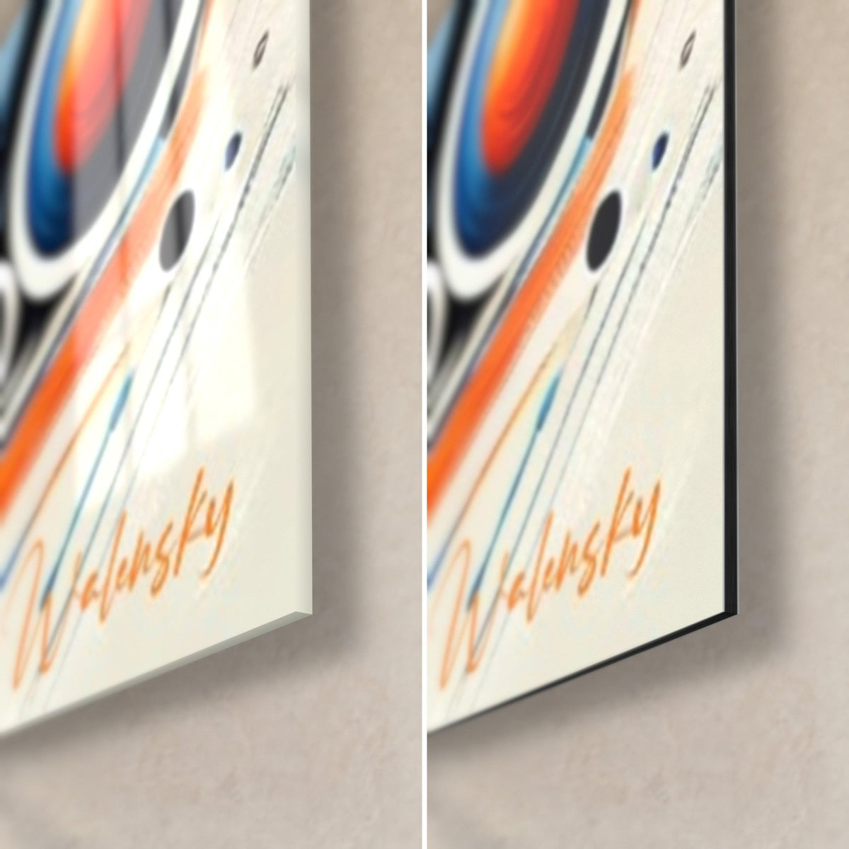Gemälde abstraktes Zebra, untere rechte Ecke: orangefarbene Spirale, blaue Punkte, glänzendes Glas links, mattes Dibond rechts