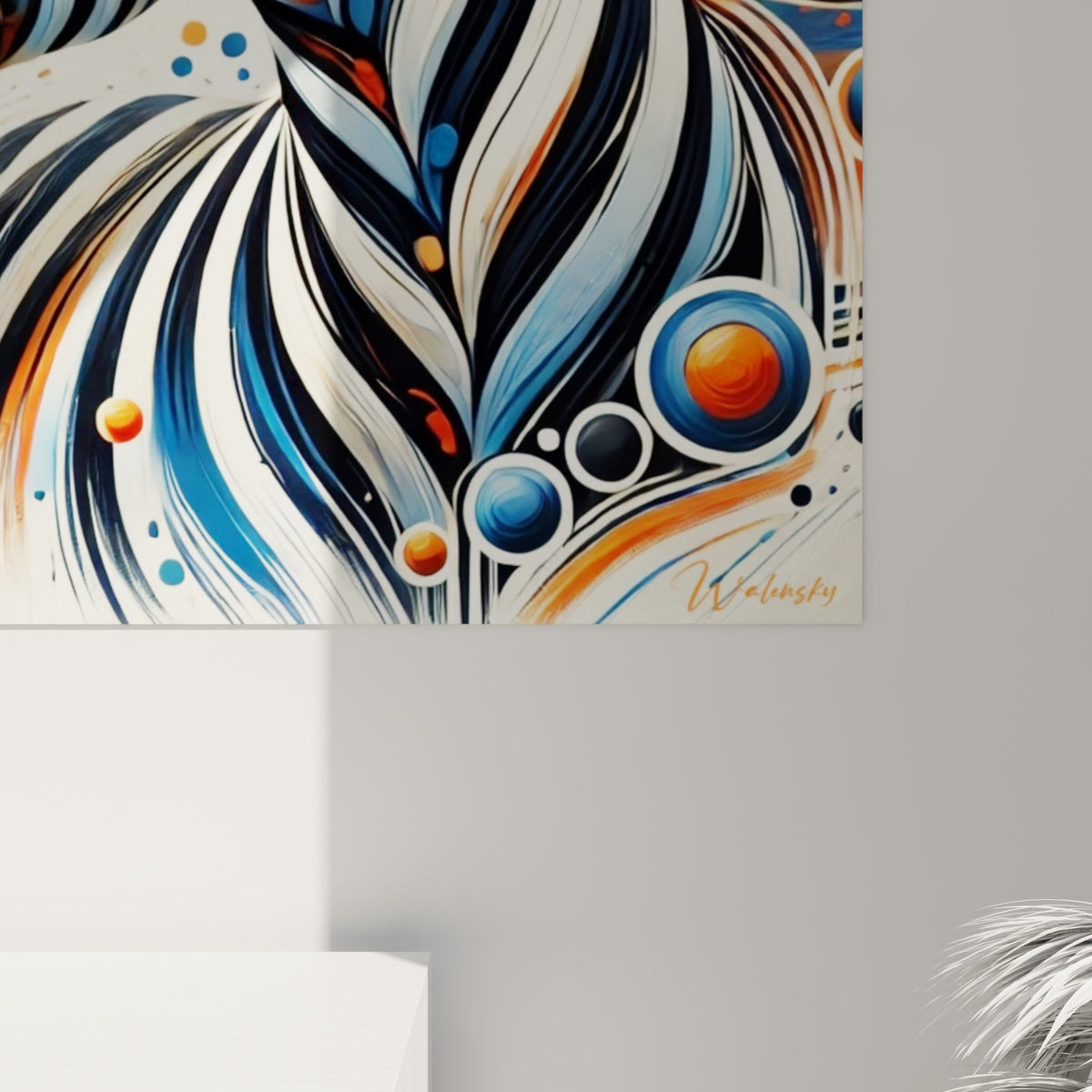 Détail des rayures peintes du zèbre où le bleu marine et l'orange se mêlent en empâtements texturés