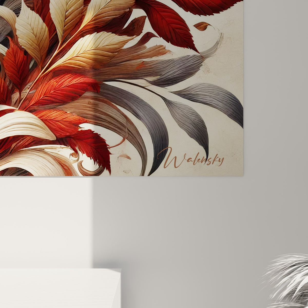 Détail des rayures noires du zèbre et du grain des feuilles rouge et gris peintes avec précision