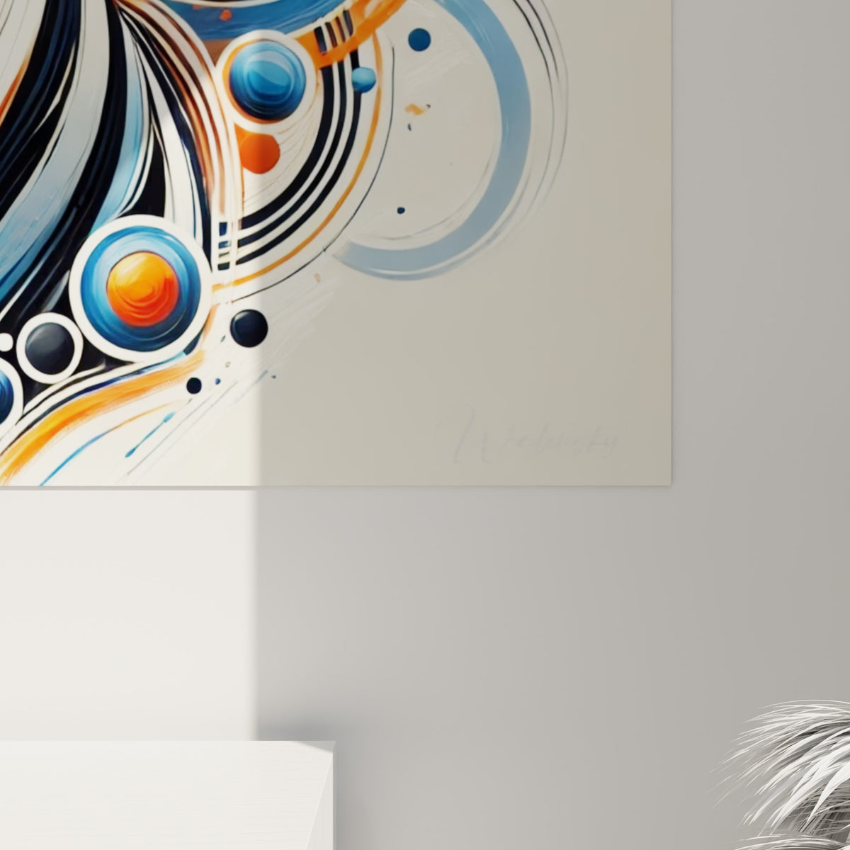 Détail des rayures fines et des sphères orange et bleu marine peintes en empâtements sur la toile