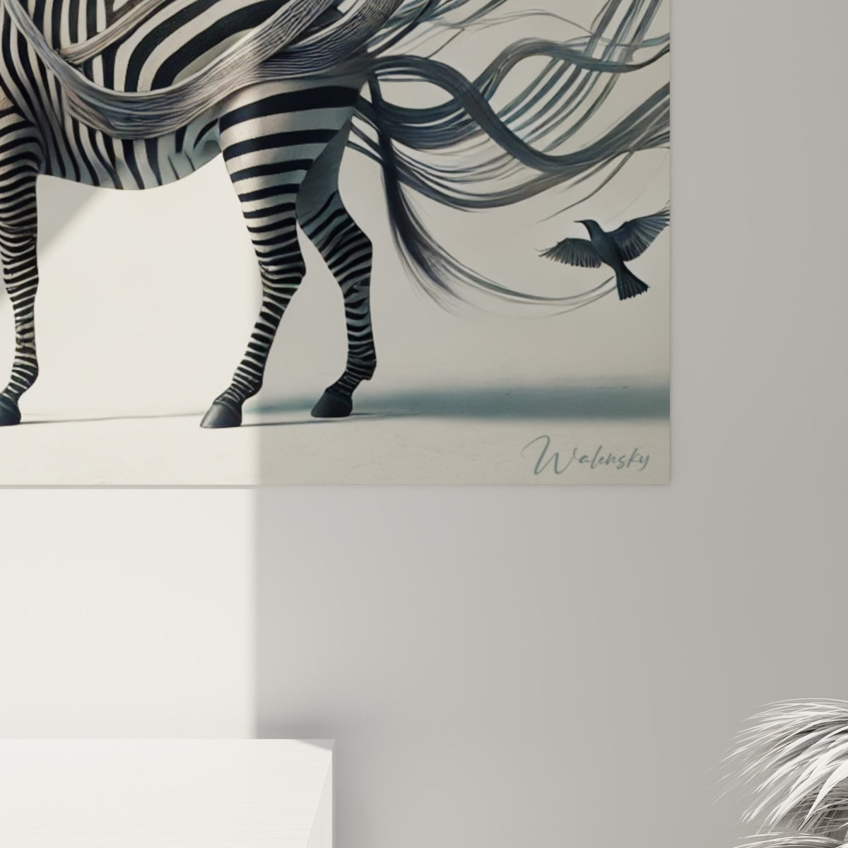 Détail des mèches anthracite et blanches du zèbre où le grain de l'impression révèle chaque strie fine