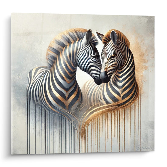 Tableau Zèbres dorés têtes rapprochées coulures - Étreinte animale - Edition Zèbre