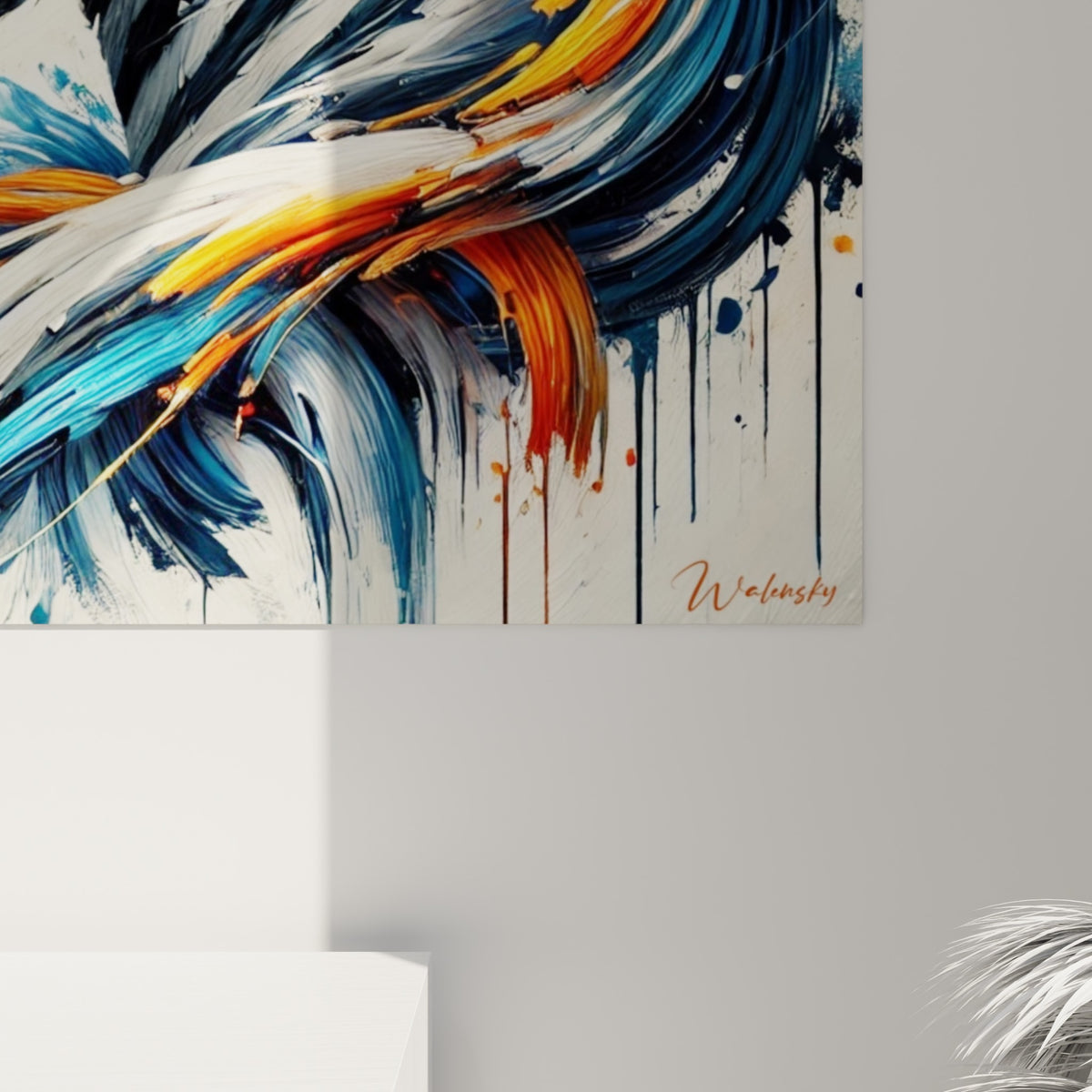 Empâtements de peinture bleu marine et orange fauve formant la crinière du zèbre, coulures visibles sur toile