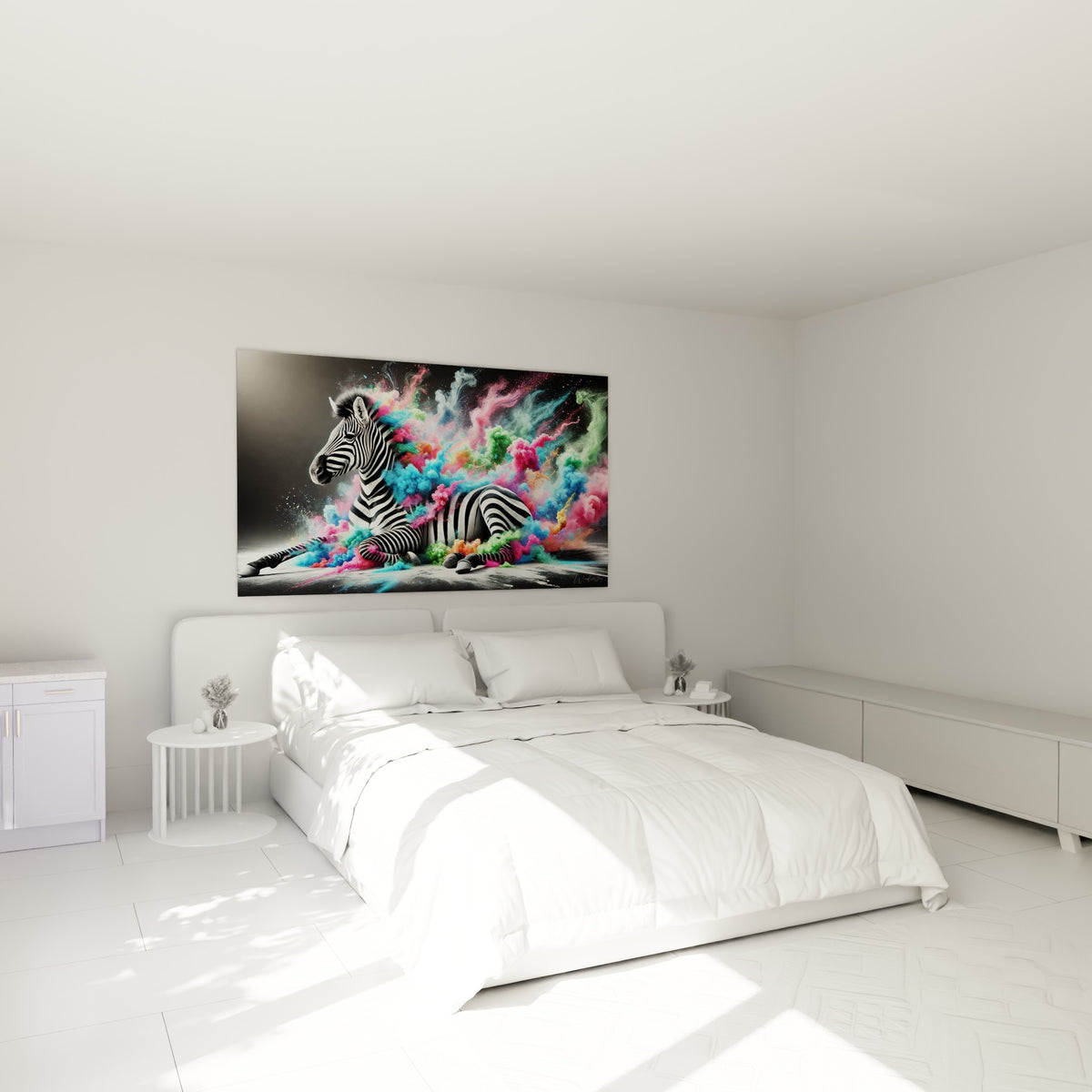Rayures noires et blanches du zèbre libérant une fumée colorée, au-dessus d'un lit dans une chambre claire