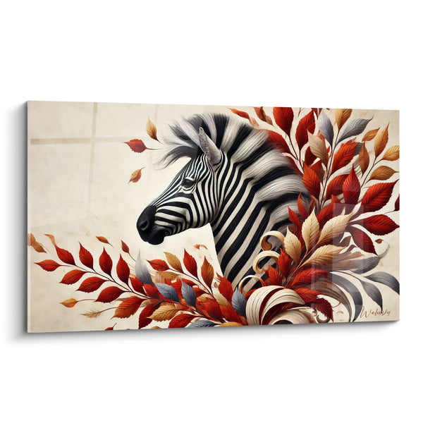 Tableau Zèbre noir et blanc parmi feuilles rouges et grises - Volutes en spirale dorée - Edition Zèbre