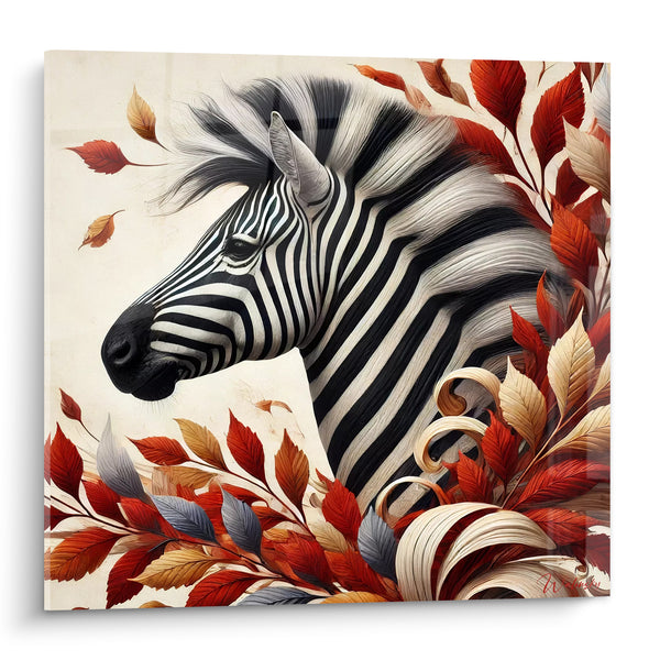 Tableau Zèbre noir et blanc parmi feuillages roux - Parure d'automne - Edition Zèbre