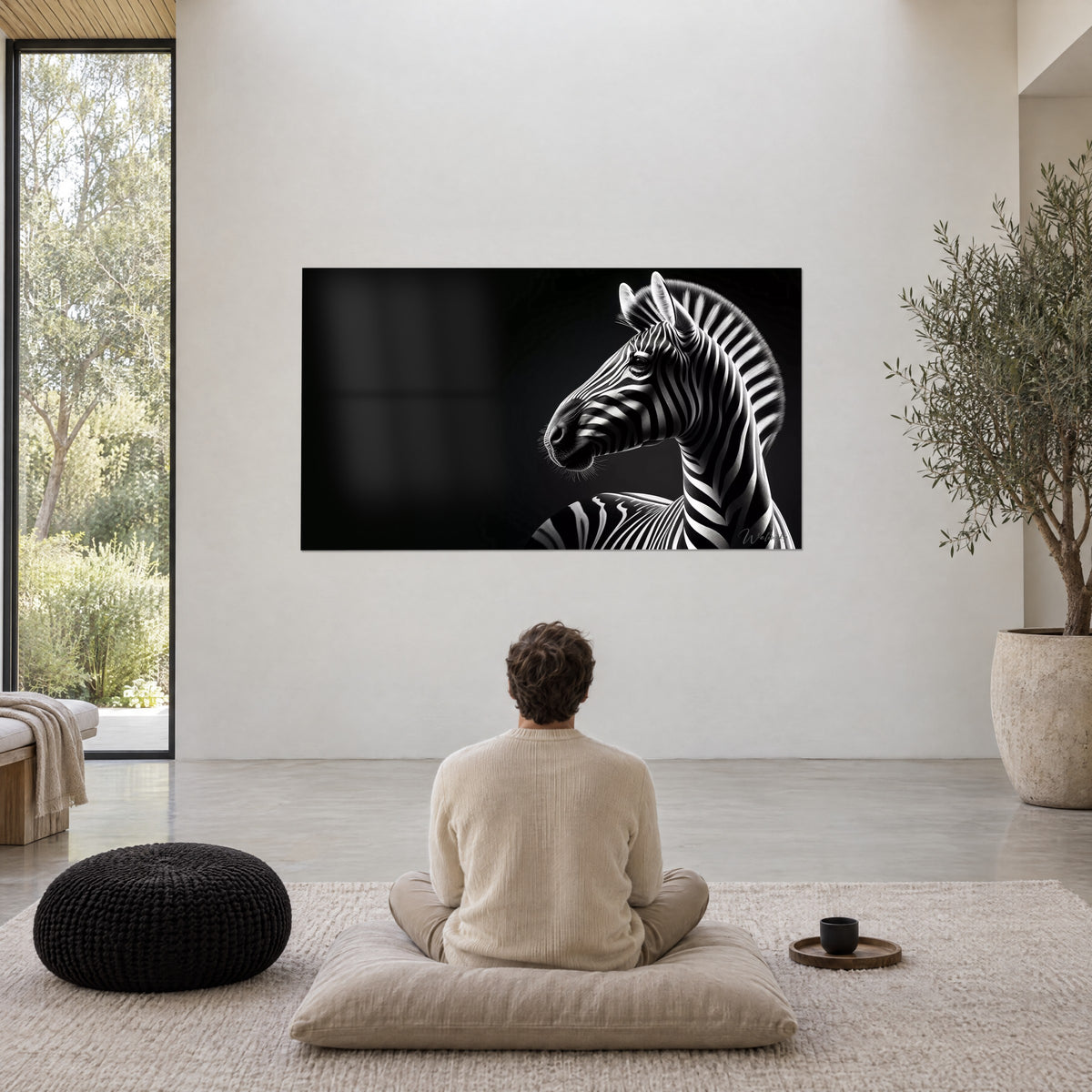 Tableau présence nocturne du zèbre, silhouette ivoire et noir de jais sur grand mur blanc, face à un coussin de méditation