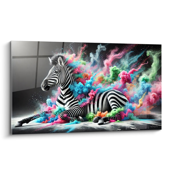 Tableau Zèbre noir et blanc à fumée multicolore - Explosion contenue - Edition Zèbre