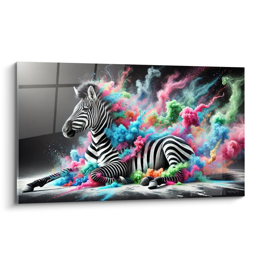 Tableau Zèbre noir et blanc à fumée multicolore - Explosion contenue - Edition Zèbre
