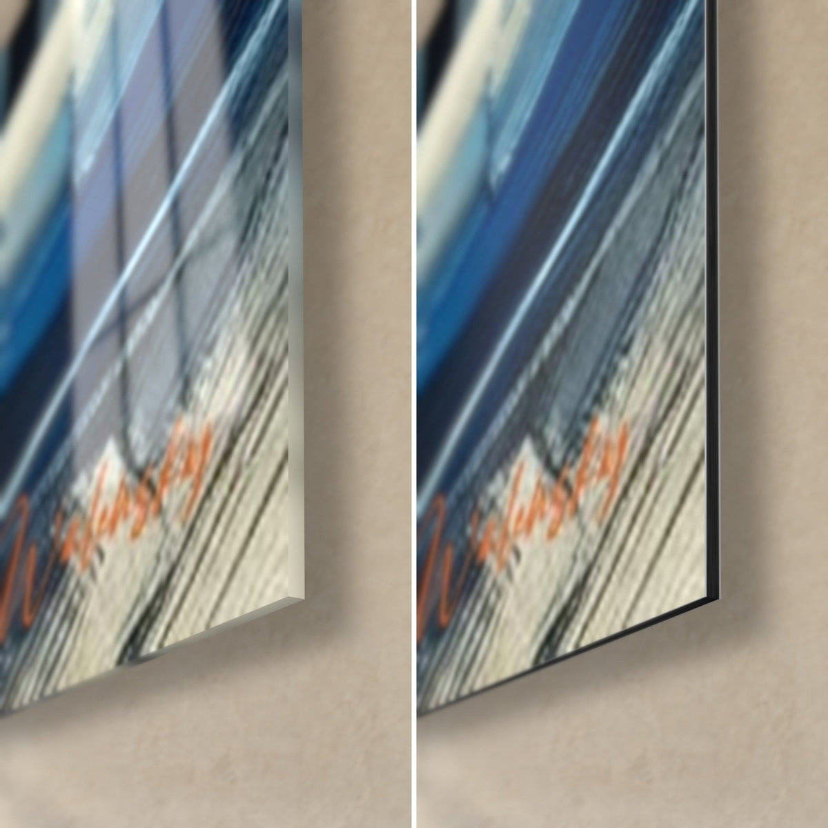 Wall art zebra with black and white stripes, bottom right corner: glossy acrylic glass with blue reflections, matte Dibond and 3 mm edge