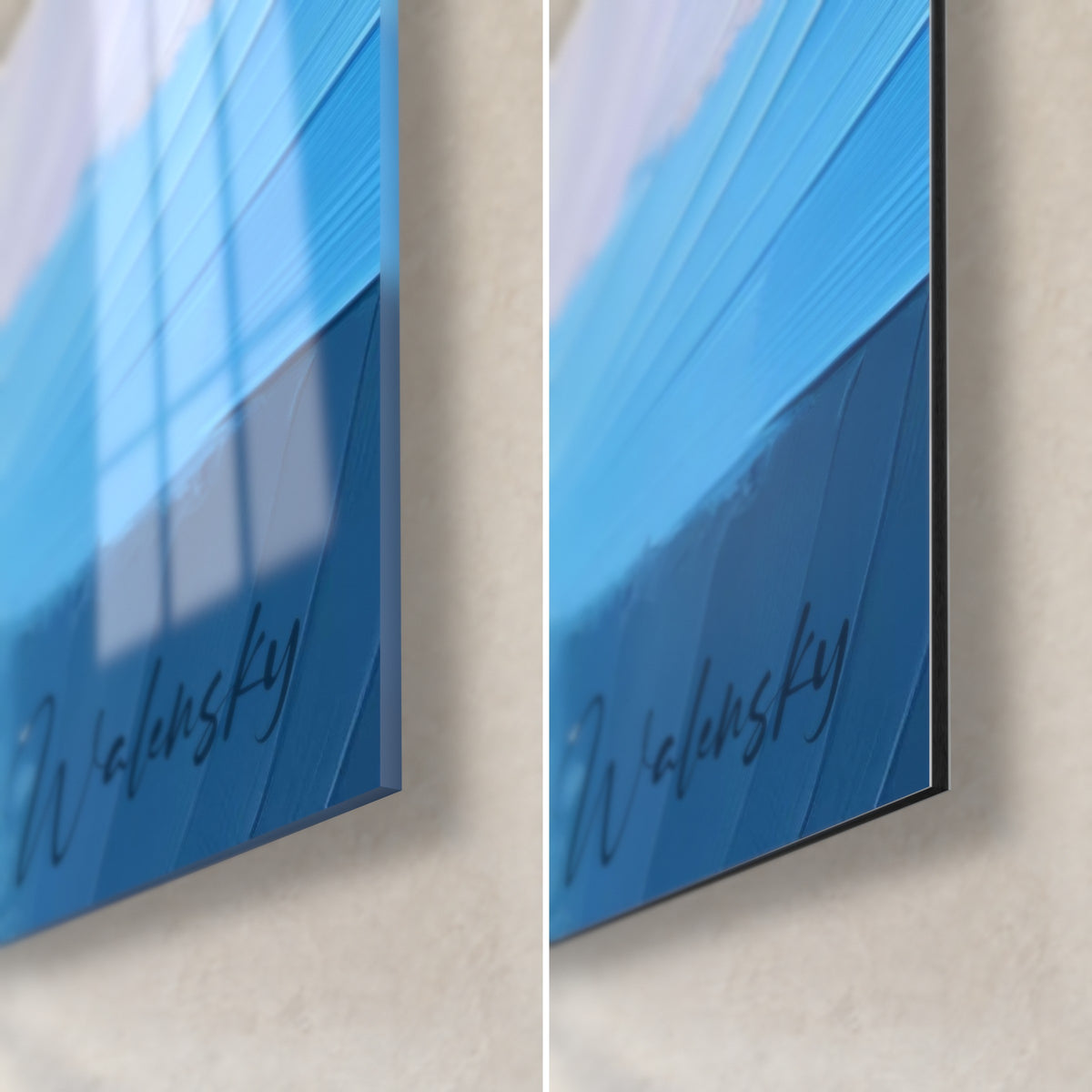 Gemälde Zebrakopf, untere rechte Ecke: glänzendes blaues Acrylglas links, mattes Dibond-Aluminium rechts, 3 mm Kante und Signatur