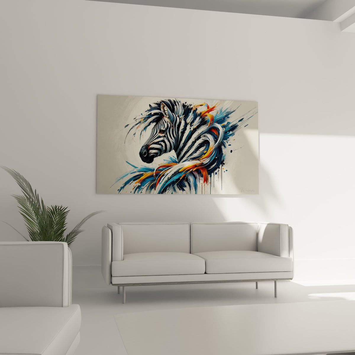 Crinière du zèbre en vagues bleues et blanches ponctuées d'orange, disposée au-dessus d'un canapé dans un salon lumineux