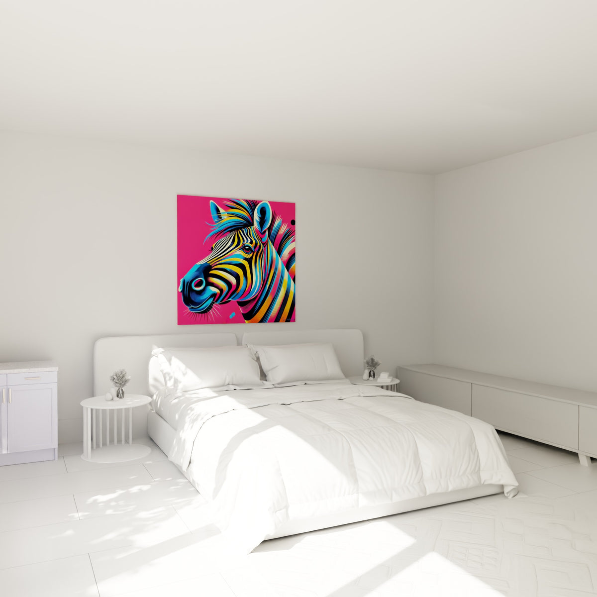 Museau de zèbre bleu et rose fluo au-dessus d'un lit dans une chambre claire