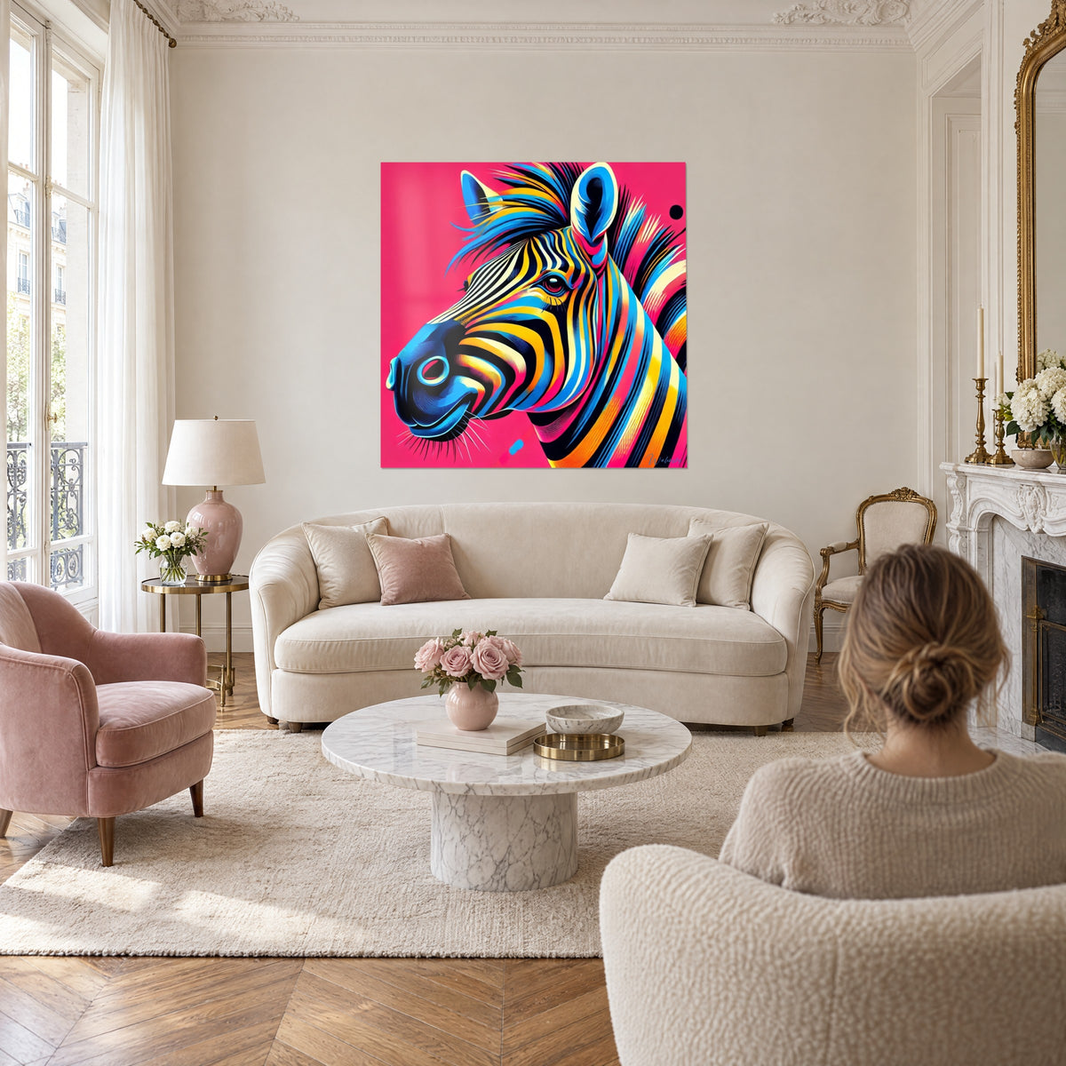 Tableau zèbre en profil aux rayures jaunes et bleues sur fond rose vif, au-dessus d'un canapé dans un salon lumineux