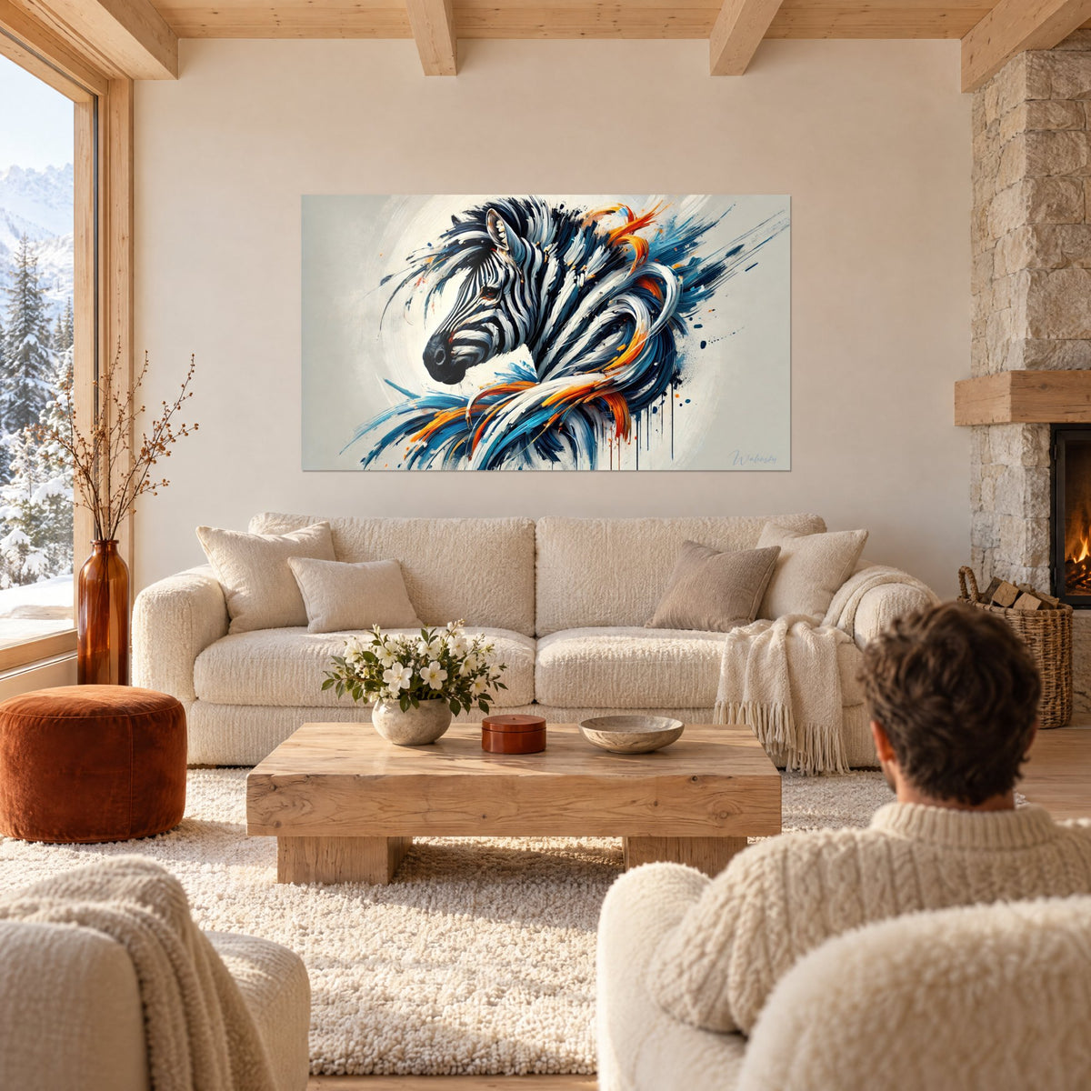 Wall art zebra with black and white stripes, spiralling orange and blue mane, hung above a sofa in a bright living room
