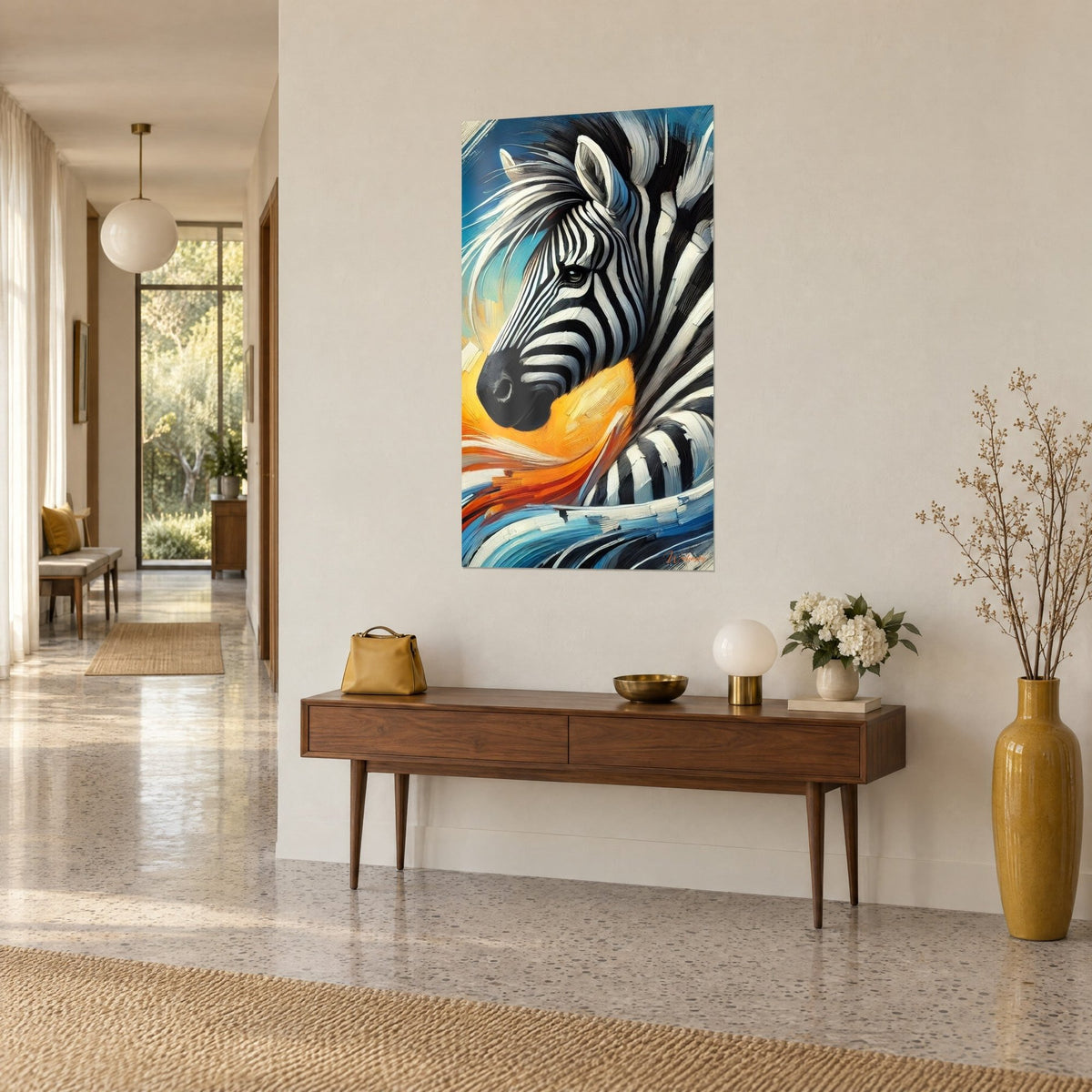 Wall art portrait of a zebra with a dark gaze, black muzzle, saffron yellow sun and blue waves, three-quarter view on a beige wall