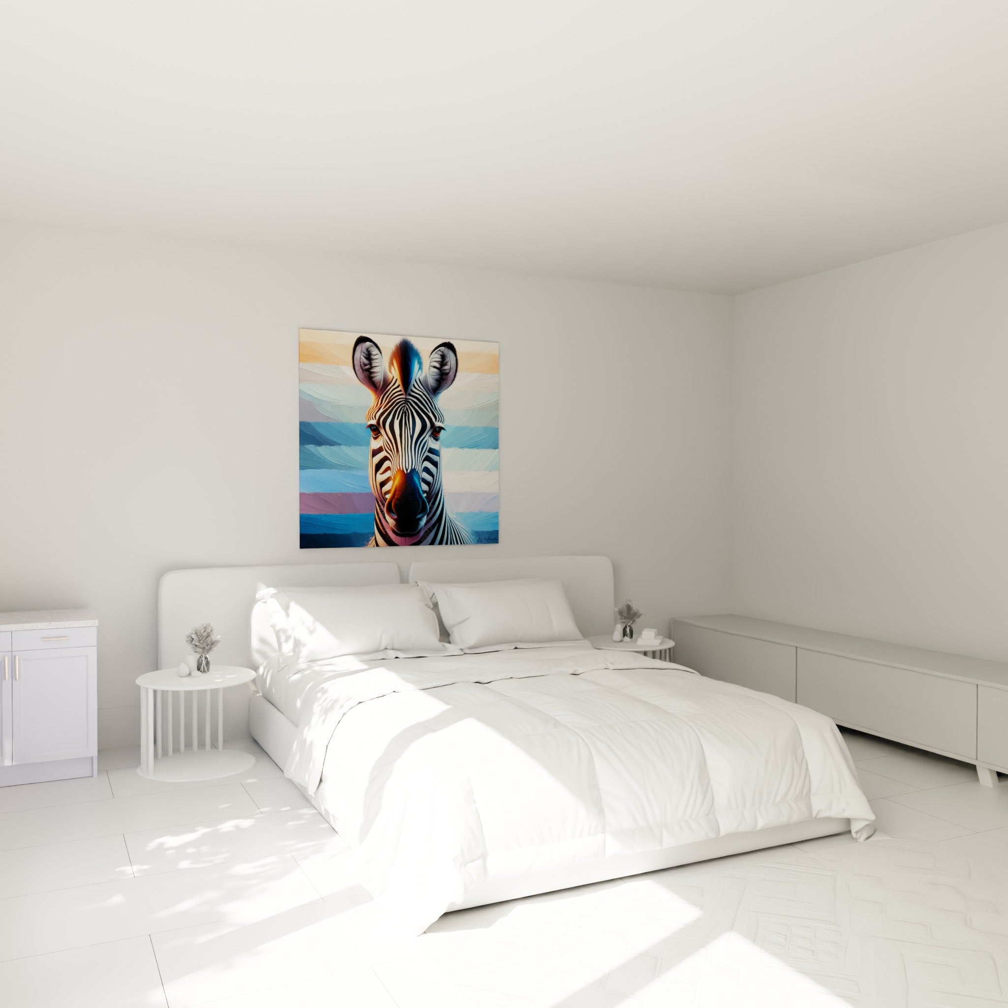 Museau de zèbre teinté d'orange et de bleu, accroché au-dessus d'un lit dans une chambre claire