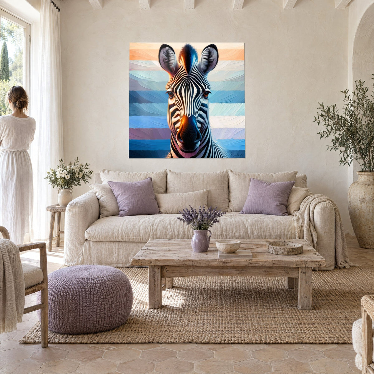 Gemälde Zebra von vorn mit schwarz-weißen Streifen, blauer und orangefarbener Hintergrund, eine Frau von hinten, über einem Sofa in einem hellen Wohnzimmer