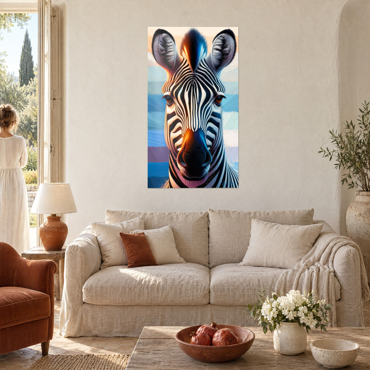 Gemälde Zebra von vorn mit schwarz-weißen Streifen, orangefarbene und kobaltblaue Reflexe, türkisfarbener Hintergrund, über einem Sofa in einem hellen Wohnzimmer