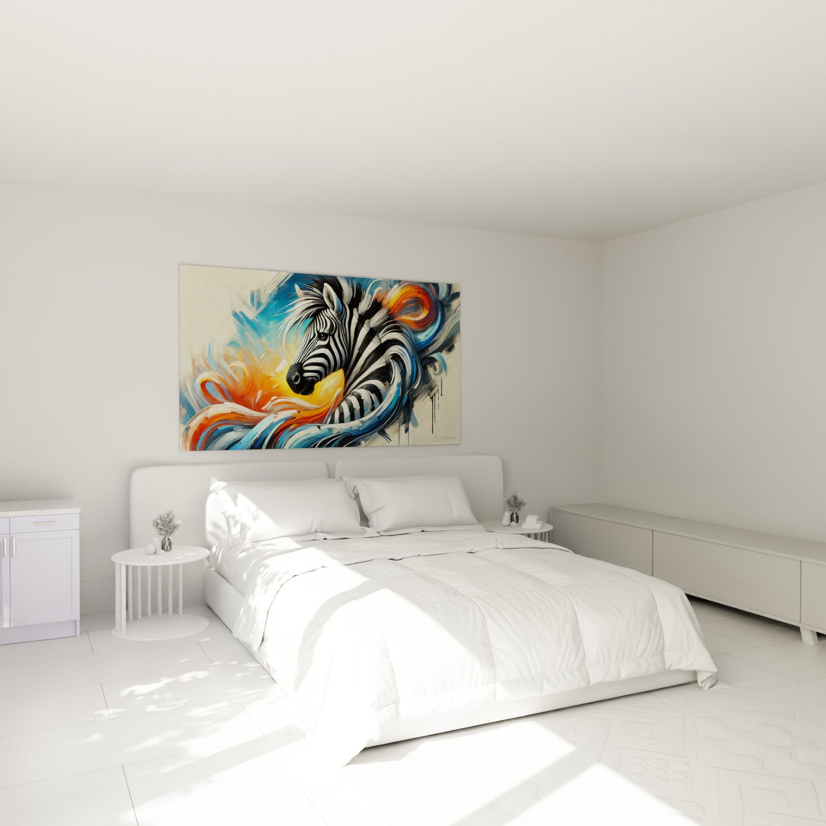Museau du zèbre sculpté de touches orange et bleues, accroché au-dessus d'un lit dans une chambre claire