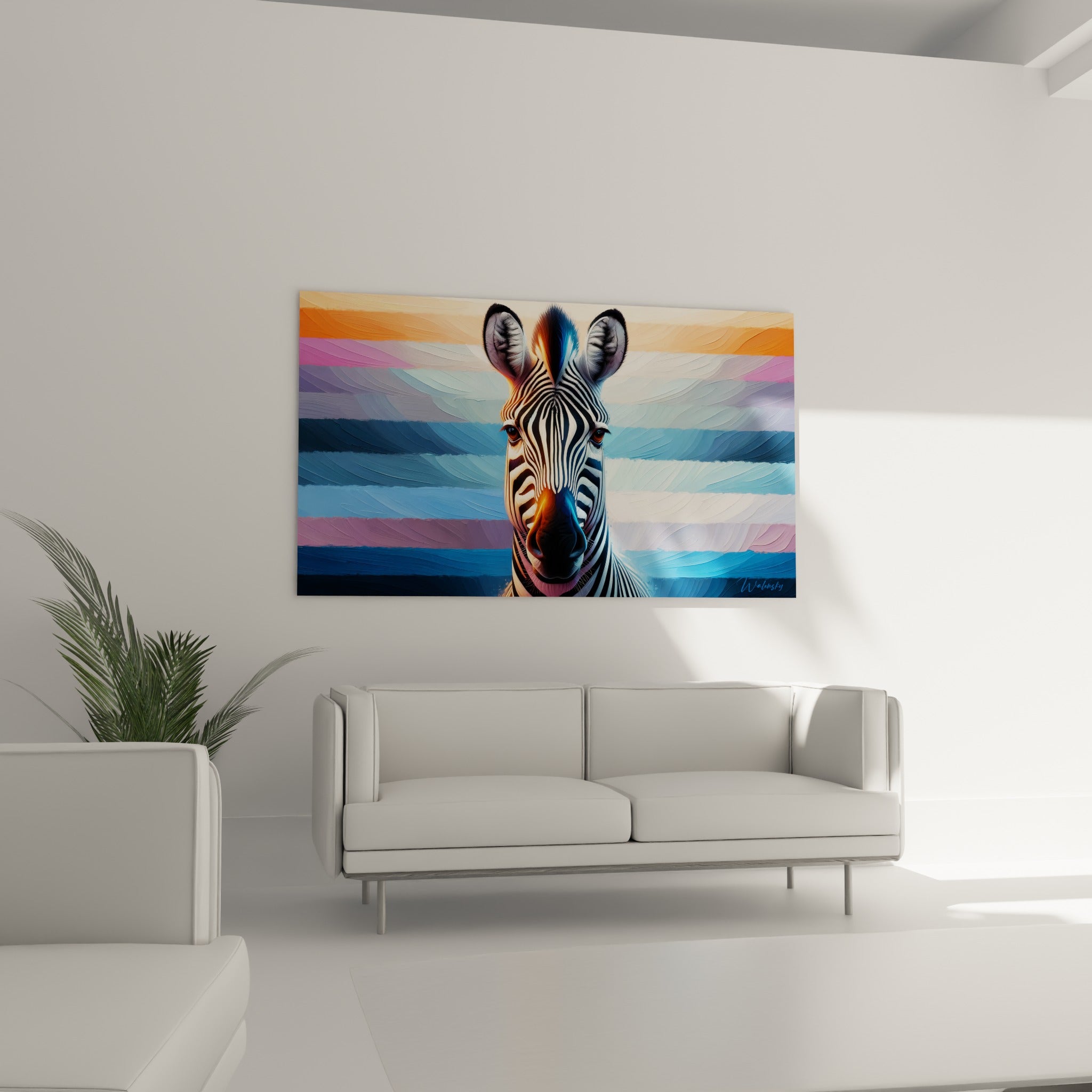 Tête de zèbre aux naseaux illuminés d'orange sur fond bleu pastel, au-dessus d'un canapé dans un salon lumineux