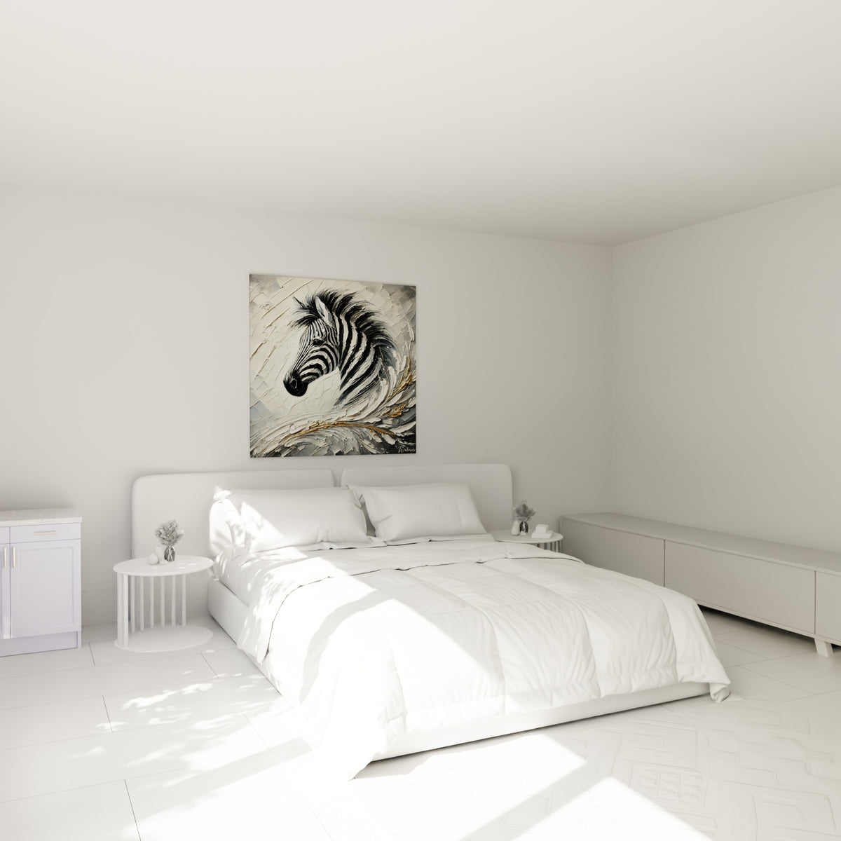 Crinière tourbillonnante du zèbre en noir et doré, au-dessus d'un lit dans une chambre claire